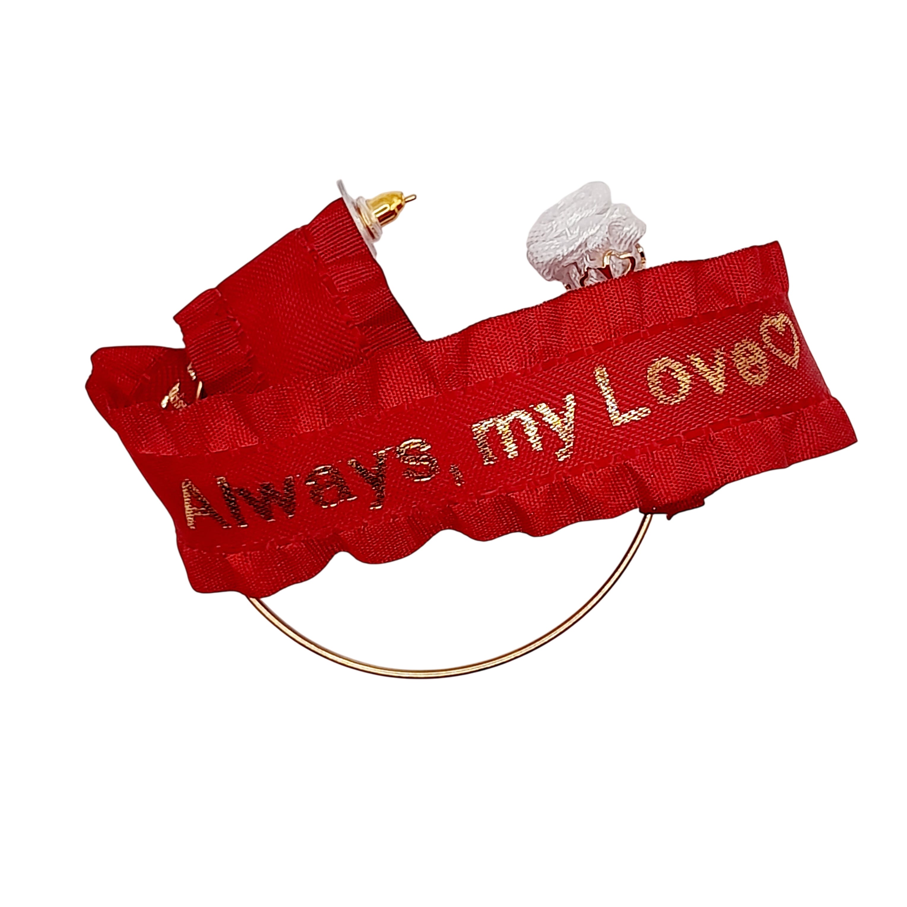 Red Tonya Lafaye earring with 'Always my love' text on a white background